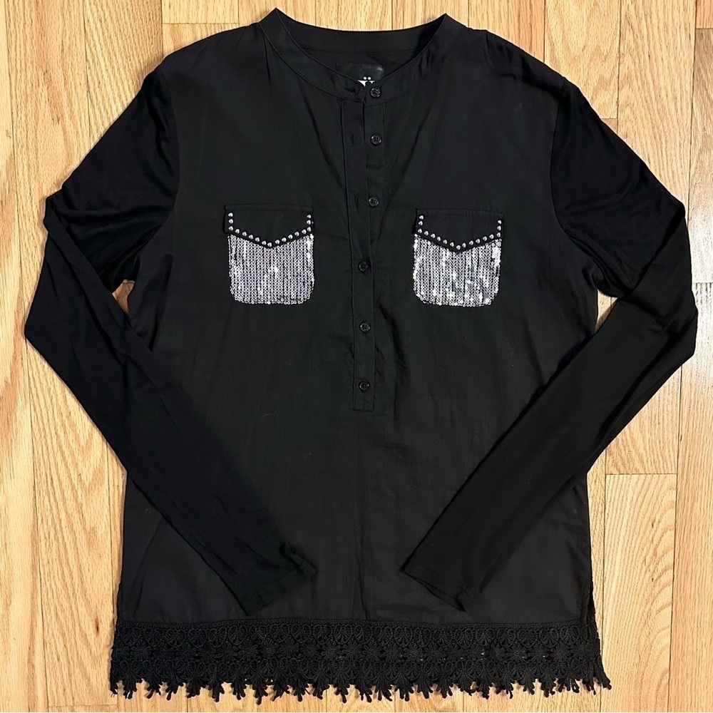 NU Denmark Sequin Studded Pocket Blouse Black Mixed Material Top Womens Sz M